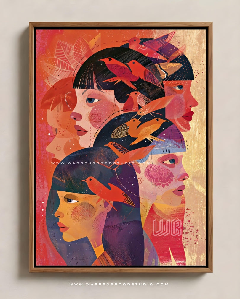 Whispers of Freedom contemporary Framed wall art print featuring abstract women portraits and flying birds, modern feminist artwork for luxury home decor and artistic interiors.
